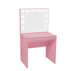 a pink vanity with lights on it