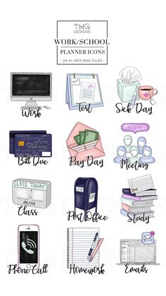 Planner Icons, Work & School - To Do Planner Icons - TWG Designs To Do Planner, Planner Icons, Work Stickers, Hand Drawn Icons, Scrapbook Stickers Printable, School Planner, Planning Stickers, Web Blog, Free Planner