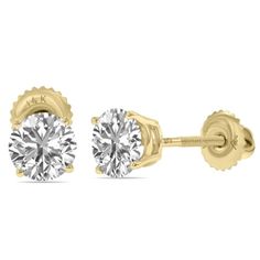 A stunning pair of round brilliant lab grown 2 carat total weight (F-G Color, VS1-VS2 Clarity) diamonds are pristinely set on classic 4 prong basket set solitaire earrings crafted in 14K yellow gold with screw back posts. An exceptional pair of lab grown diamond solitaire stud earrings sure to be treasured forever. Lab diamonds are considered real diamonds but instead of growing and being mined from the Earth's crust, they are grown in a laboratory to replicate the natural growth process. Round Lab Grown Diamond Earrings With Diamond Cut, Classic Round Stone Diamond White Earrings, Classic Round Cut Diamond Earrings With Accents, Classic Round Diamond Earrings, Classic Diamond Earrings With Round Stone, Classic Solitaire Diamond Earrings For Anniversary, Classic Cubic Zirconia Diamond Earrings With Round Stone, Round Diamond Earrings With Prong Setting, Classic Gold Diamond Earrings