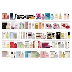 a collage of different perfumes and cologne bottles on display in front of a white background