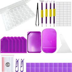 the tools needed for making an ice cream cake are shown in purple and white colors