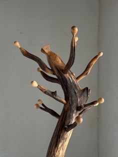 a wooden sculpture with multiple branches and balls in it's center, against a gray background