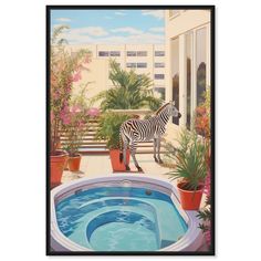 a painting of a zebra standing next to a hot tub in front of a building