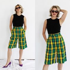 "Such a fun and soft pair of longline electric yellow, green and purple plaid shorts. KAPOW.  By Bianca. Tagged Sz. 6, made in Canada. Viscose/rayon. Zipper fly.  Measures:  Waist: 27\" Hips: 40\" Front rise: 14\" Length: 25\" Condition: excellent.  FOLLOW US ON INSTAGRAM FOR DEALS AND SNEAK PEEKS! @Wildthingvintage instagram.com/wildthingvintage Twitter: @Wildthingpeck Message me any time for further details or questions. Please note there is a 10% restocking fee on orders cancelled prior to shipment. Returns are upon a case by case basis, and only if the item is not as described. I will happily expedite or overnight shipping at cost upon request. Standard shipping to the US and Canada is 2 weeks. Interested in more than one treasure? Message me for a discount on multiple orders! Live in Summer Plaid Wide Leg Bottoms, Summer Plaid Wide-leg Bottoms, Summer Wide Leg Plaid Bottoms, Fitted Summer Bottoms Knee-length, Fitted Plaid Casual Shorts, Fitted Casual Plaid Shorts, Retro Wide Leg Summer Shorts, Green Knee-length Bottoms For Day Out, Knee-length Green Bottoms For Day Out