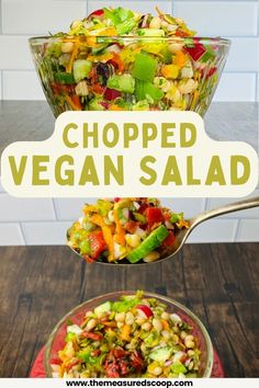 chopped vegan salad in a glass bowl on top of a wooden table with the title above it