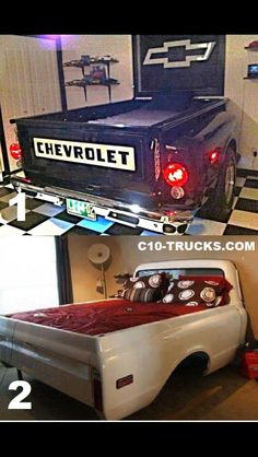 an old truck bed with the words chevrolet on it and another image of a chevy truck bed