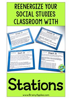 three blue and green station cards with text reading,'reenerize your social studies classroom