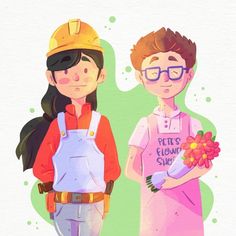 two people standing next to each other with flowers in their hands and one holding a flower