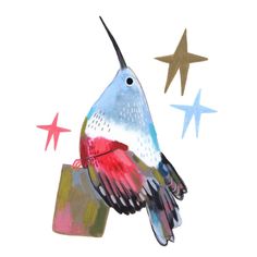 a bird sitting on top of a bag with stars in the sky behind it,