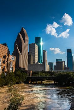 a city skyline with skyscrapers and water in the foreground on a sunny day