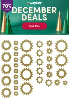 an ad for the wayfair december sale with gold gears and cones on green background