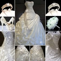 wedding dresses and accessories are shown in this collage