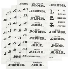 six different types of flour labels on white paper with black lettering and numbers in the middle