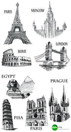 different types of buildings and their names in black and white, with the eiffel tower