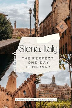 an old building with the words sienna italy on it in front of some trees and buildings