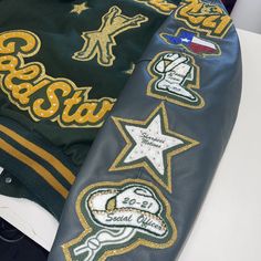 Follow us on IG @somethingstocheerabout to place your order we ship! Letterman jacket dance team glitter rhinestones sure Roski Crystal’s Dance Team Jacket Ideas, Cheer Letterman Jacket, Cheerleading Varsity Jacket, Cheerleading Letterman Jackets, Dance Letterman Jacket, Homecoming Jeans Ideas, Homecoming Jeans, Letterman Jacket Patches