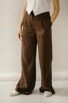 Linen Brown Palazzo Pants Linen Trousers Wide Leg Pants - Etsy Bosnia and Herzegovina Brown Pants With Belt Loops And Loose Fit, Brown High-waisted Cargo Pants, Brown Relaxed Fit Trousers, Loosely Fitted High-waisted Brown Pants, Brown Wide Leg Dress Pants With Pockets, High Waist Brown Linen Bottoms, Brown High Waist Linen Bottoms, Brown Relaxed Fit Dress Trousers, Brown Relaxed Fit Dress Pants