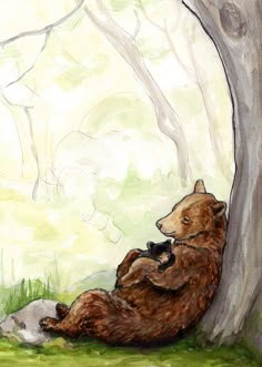 a painting of a brown bear sitting in the grass next to a tree and another animal