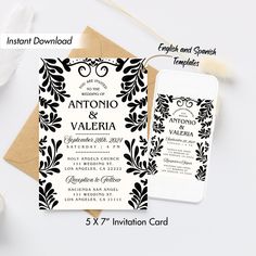 an elegant black and white wedding card is shown with the details for it's envelope