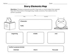 the story elements map is shown in black and white, with an owl reading a book