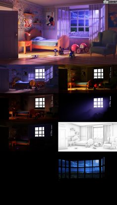 three different views of a living room in the dark