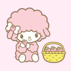 hello kitty with pink hair sitting next to a basket of strawberries