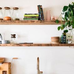 two wooden shelves above a kitchen sink filled with books