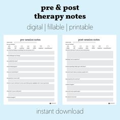 Pre & post therapy prompts to help keep track and take stock of your therapy sessions.  What you're getting: Total of 4 PDF files in US letter size.  -1 pre therapy worksheet (portrait and landscape) -1 post therapy worksheet (portrait and landscape) How to use them: -fill them in on your computer using your pdf viewer of choice -use them with your favourite note-taking app on your tablet (my favourite is Goodnotes) -print and write out your answers in your favourite pen This is a digital file. Pre Therapy Journal, Pre And Post Therapy Notes, Therapy Note Taking, Pre Therapy Questions, Before Therapy Session, Pre Therapy Journal Prompts, Pre Therapy Notes, Post Therapy Notes, Therapy Binder