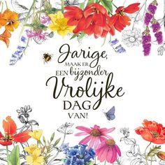 a card with flowers and butterflies in the center, saying garage make her even younger virolike dag van