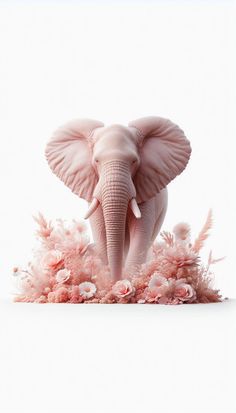 an elephant is standing in some pink flowers