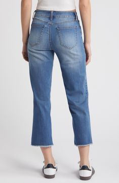 Keep it casual and cool in these faded mid-rise jeans styled with cropped, straight legs and fraying hems. 26" inseam; 15" leg opening; 9 1/2" front rise; 14 1/2" back rise Zip fly with button closure Five-pocket style 56% cotton, 24% rayon, 19% polyester, 1% spandex Machine wash, tumble dry Imported Casual Dark Wash Cropped Jeans With Five Pockets, Casual Cropped Jeans In Dark Wash, Medium Wash Straight Bottoms With Frayed Hem, Dark Wash Straight Leg Jeans With Frayed Hem, Casual Medium Wash Cropped Flare Jeans, Straight Bottoms With Frayed Hem In Medium Wash, Straight Bottoms With Medium Wash And Frayed Hem, Medium Wash Denim Flare Jeans With Frayed Hem, Dark Wash Mid-rise Cropped Jeans With Frayed Hem