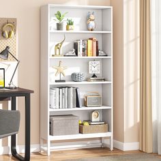 a white bookcase with many books on top of it in a room next to a desk