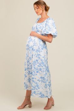 Blue Floral Puff Sleeve Maternity Midi Dress – PinkBlush Boy Baby Shower Dress For Mom, Boy Baby Shower Dress, Baby Shower Dress For Mom, Dress For Mom, Blue And White Floral Dress, Baby Shower Dress, Baby Party Dress, Maternity Midi Dress, Fall Wedding Guest Dress