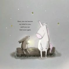 an illustration of a bunny and a horse looking at each other