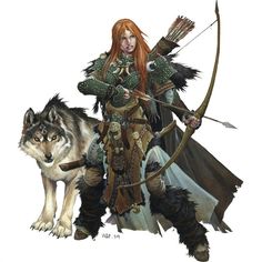 a woman with red hair holding a bow and arrow next to two wolf like creatures