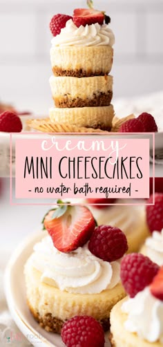 mini cheesecakes are stacked on top of each other with raspberries and whipped cream