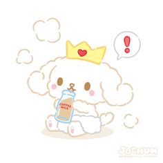 a white teddy bear with a crown on its head and a message bubble above it