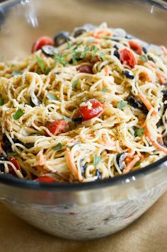 pasta salad with angel hair in a glass bowl