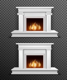 two white fireplaces with flames in the windows on transparent background - miscellaneous objects illustrations