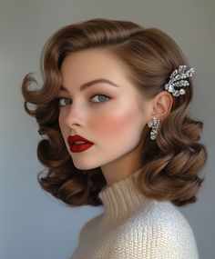 Retro waves Christmas hairstyle Audrey Hepburn Inspired Wedding Hair, Hollywood Glamour Hair Short, Old Hollywood Glam Hair Shoulder Length, Old Hollywood Formal Hair, Bridal Hair Retro, 1920s Hair Women, Updo Fingerwave, Retro Waves Hairstyle, 1940s Glamour Hair