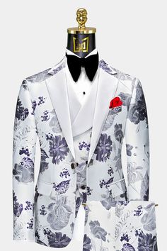 The Gentleman's Guru Fancy White and Orchid Tuxedo represent elegance and refined style. This exquisite three-piece set showcases a sleek, slim fit cut that perfectly flatters your physique, making it an ideal choice for the modern man with a sophisticated fashion sense. The added convenience of a customizable size option allows you to achieve a personalized fit, ensuring that you exude confidence with every step. The jacket features a single-breasted closure with a wide notched collar, while th Tuxedo Suit For Men, Tuxedo Prom, Prom Tuxedo, Streetwear Ideas, Blue Tuxedos, Tuxedo Suit, Single Breasted Jacket, White Orchids, Collar Designs