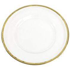 an empty white plate with gold trimmings on the rim and bottom, against a white background