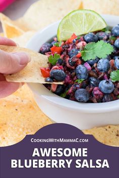 Pin for Awesome Blueberry Salsa by Cooking with Mamma C. Prepared salsa in a bowl with a lime wedge, surrounded by tortilla chips. Blueberry Salsa Recipe, Blueberry Salsa, I Dare You, Salsa Recipe, Tortilla Chips