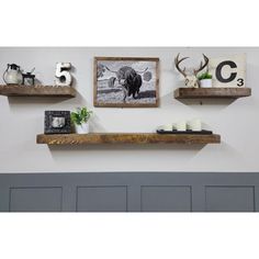 three wooden shelves with various items on them