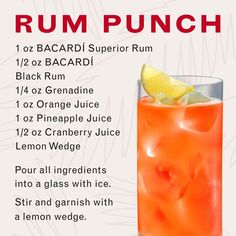 the rum punch recipe is shown in red and white