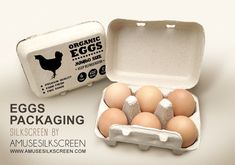 an egg carton with six eggs in it and the words organic eggs packaging written below