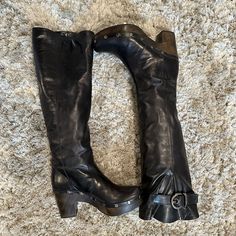 Adorable And Never Worn Boots. Bought, Stored, Never Worn. Like New!!! Size 7.5. Genuine Leather. Over The Knee/Hit At The Knee Depending On Your Size Knee High Buckle Boots, Knee High Black Boots Outfit, Chunky Over The Knee Boots, Chunky Boots Black, Long Boots With Heels, Platform Knee Boots, Black Knee High Boots Outfit, Slouchy Suede Boots, Buckled Boots