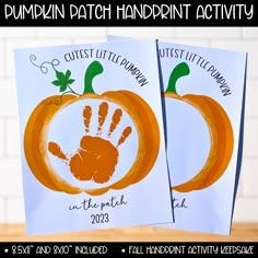 pumpkin patch handprint activity for kids to do with their hands and feet in the pumpkin