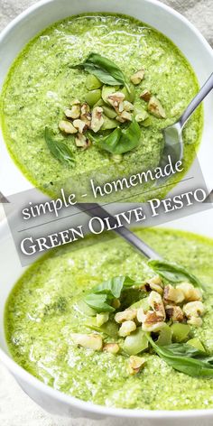 two bowls filled with green olive pesto soup