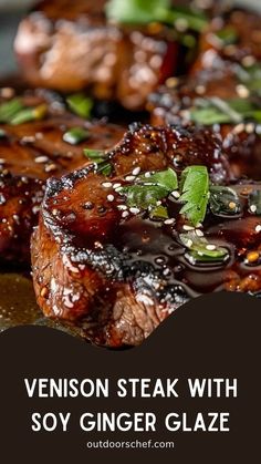 steak with soy ginger glaze on a black plate and text that reads, venison steak with soy ginger glaze